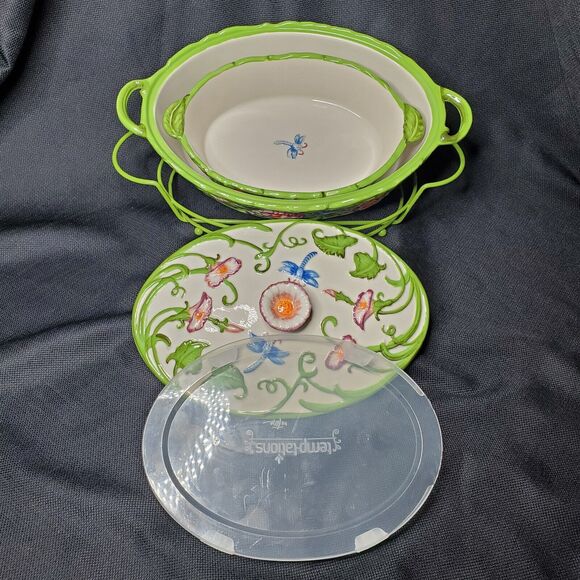 Temptations by Tara Green Dragonfly Ovenware Covered Casserole Set Oval 2qt, 1qt - Picture 13 of 14